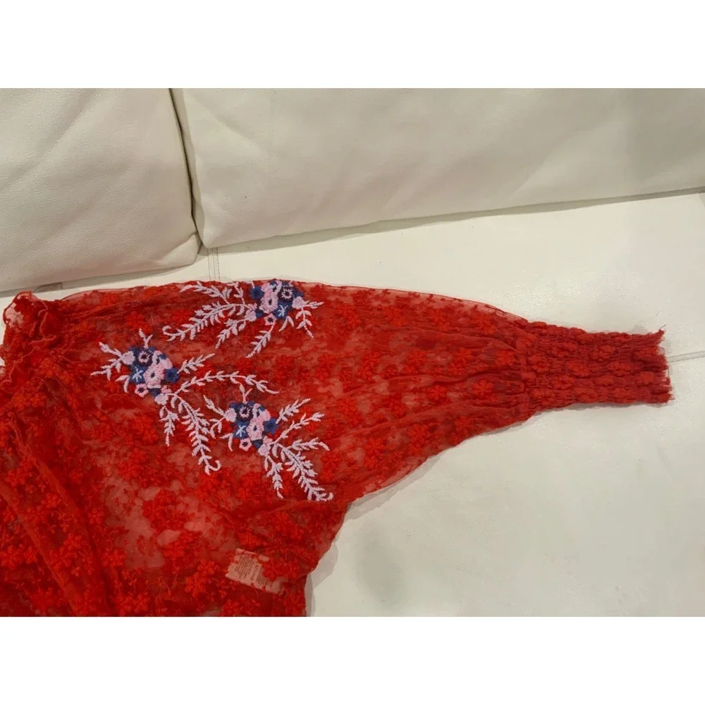 Free People Red Sheer Lace Embroidered Off Shoulder Tassel Blouse Small OB643444